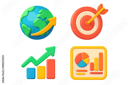 3D business icons set. Globe for global growth, target for goals, sales graph for analytics and a dashboard for data reports. Vector cartoon illustration for marketing and finance.