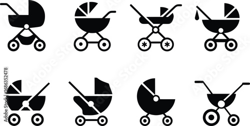 Collection of eight black baby stroller icons in a grid