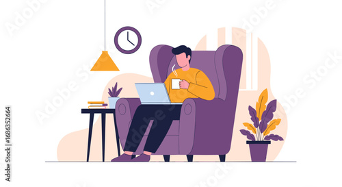Man sitting relaxed in cozy armchair working on laptop enjoying beverage in modern living room illustration