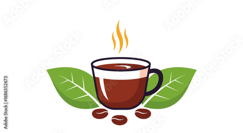 Warm steaming coffee cup with coffee beans and green leaves symbolizing freshness and energy for your morning routine