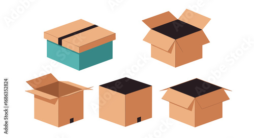Collection of cardboard boxes for packaging and storage represented in a clean isometric style