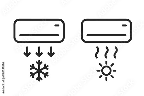 Air conditioner icons set. Cooling and heating modes. Vector line art illustration of climate control system. Cold snowflake and hot sun symbols for AC unit. HVAC.