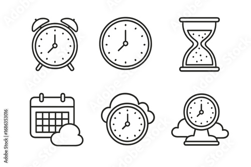Time management linear icons set. Vector outline cartoon illustration of clock, alarm, hourglass, calendar for planning, deadline. Cloud time and schedule concept symbols.