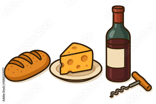 Wine, cheese, and bread still life. Gourmet food pairing with red wine bottle, corkscrew, Swiss cheese, and loaf. Vector icon set for picnic, appetizer, delicatessen, or menu.