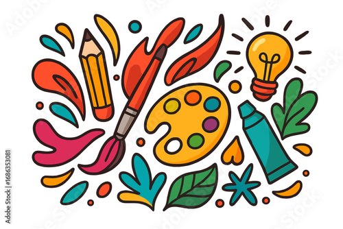 Colorful art supplies concept. Creativity, imagination and inspiration. Paintbrush, palette, pencil and light bulb idea. Vector illustration for creative process or workshop.