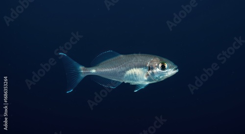 Stunning close-up view of a transparent glassfish swimming in the deep blue solitude of the ocean