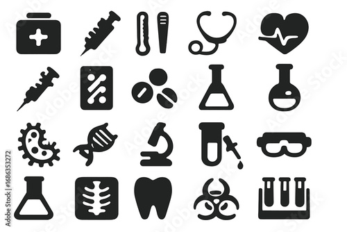 Medical and laboratory icon set. Health care minimalist black silhouettes. Vector graphic collection. Medicine, science, biology research. Pharmacy, clinic, hospital symbols.