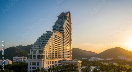 Luxury hotel resort in tropical setting with sunset illuminating the facade and mountains