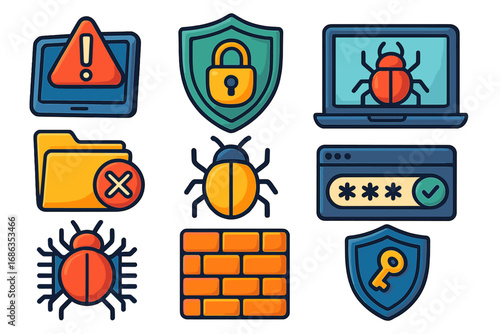 Cybersecurity vector icon set. Internet security, data protection, and virus attack concepts. Hacker, malware, firewall, password, and antivirus symbols for web safety.