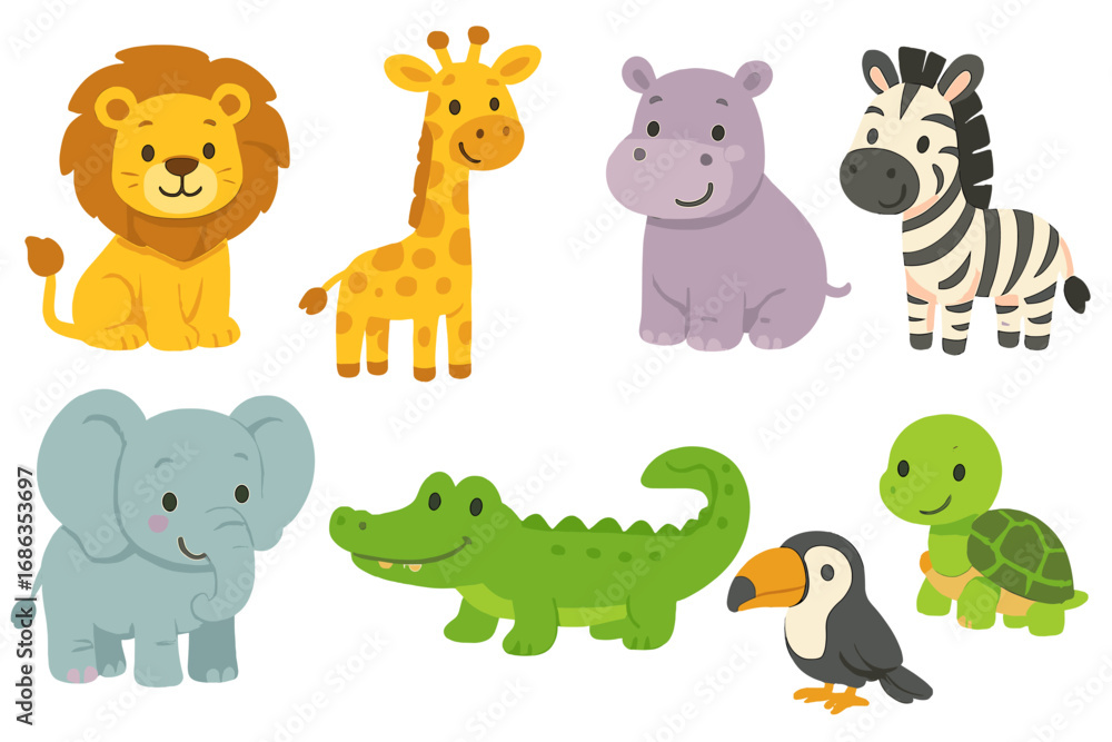 Fototapeta premium Cute jungle animals vector set. Cartoon safari characters collection with lion, giraffe, hippo, zebra, elephant, crocodile, turtle, toucan. Baby animal illustrations for kids.