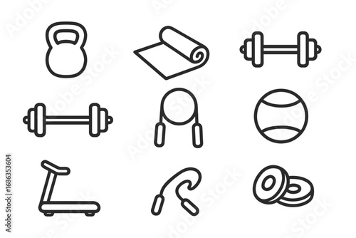 Fitness and gym exercise equipment icon set. Minimalist outline vector illustration of a kettlebell, dumbbell, yoga mat, treadmill, jump rope, and other sport items.