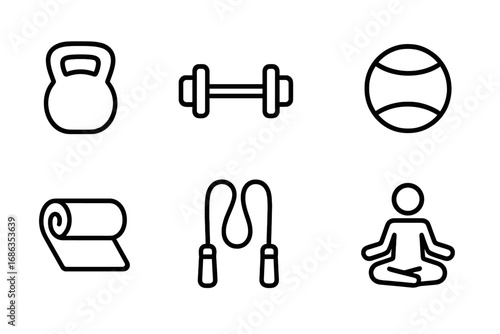 Vector icon set for fitness, gym, and yoga. Simple line art symbols for workout equipment. Includes kettlebell, dumbbell, jump rope, yoga mat, ball, and meditation pose.