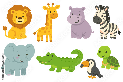 Cute jungle animals vector set. Cartoon safari characters collection with lion, giraffe, hippo, zebra, elephant, crocodile, turtle, toucan. Baby animal illustrations for kids.