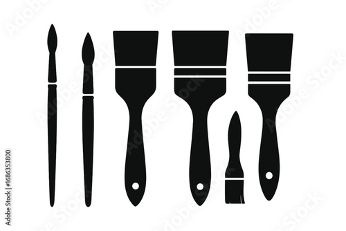 Paintbrush silhouette set for art, craft, and DIY projects. Vector icon collection of painter tools for home renovation, artistic creation, and household decoration tasks.