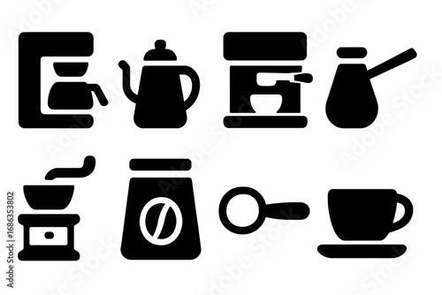 Coffee icon set with minimalist silhouette glyphs. Includes coffee maker, espresso machine, grinder, pot, cup, cezve. Vector graphic for cafe, barista, brewing, beverage.