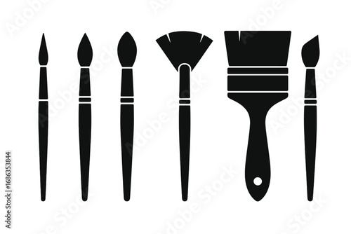 Paintbrush collection silhouette. Assorted artist brushes for painting, art, craft and DIY projects. Vector icons set for painter, decorator. Minimalist graphic design element.