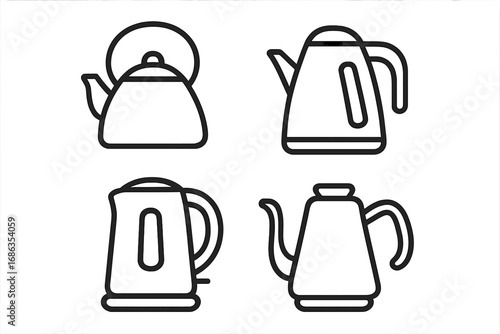 Modern minimalist black and white outline kettle icons set, vector cartoon illustration, electric and classic teapots, transparent background, kitchen appliance decor, beverage tools collection