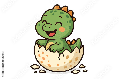 Cute baby dinosaur hatching from an egg. Happy cartoon dino character born. Vector illustration of a smiling green reptile. New life concept. Prehistoric animal mascot design.