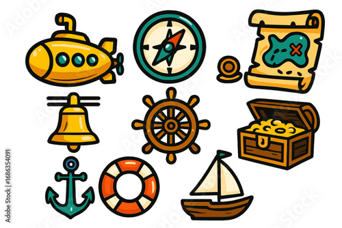 Nautical icon set with pirate elements. Cartoon vector collection of submarine, treasure chest, map, compass, ship wheel, and anchor. Marine adventure and sea travel graphics.