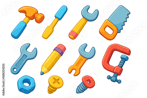 Colorful cartoon tool icons set with a 3D effect. Vector illustration of workshop instruments. Hammer, saw, wrench, screw, and clamp for repair, build, or game projects.