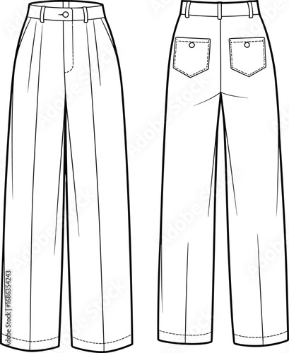 Flat vector fashion CAD drawing of pleated wide leg pants with patch pockets, front and back technical illustration template