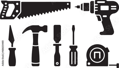 Construction Tools Icons Set Saw Drill Hammer Chisel Screwdriver Tape Measure Renovation