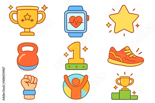 Fitness achievement icon set. Vector cartoon illustration of gym workout, success trophies, activity tracker, and winner rewards. Gamification concept for health and sport.
