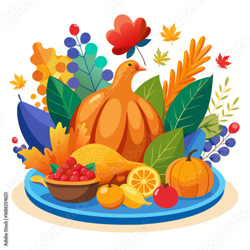 Festive thanksgiving platter with turkey, fruits, and autumn leaves, , celebrating the harvest season