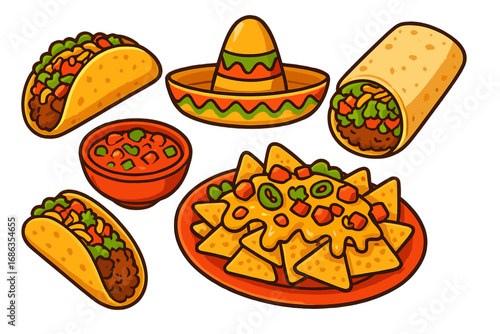 Mexican food vector set. Cartoon illustration of taco, burrito, nachos, salsa, sombrero. Isolated clipart for Cinco de Mayo, fiesta, party, restaurant menu, Latin culture.