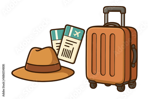 Essential travel items for a perfect adventure or vacation. Vector cartoon illustration with luggage, airplane tickets and a hat. Journey and tourism concept set isolated.