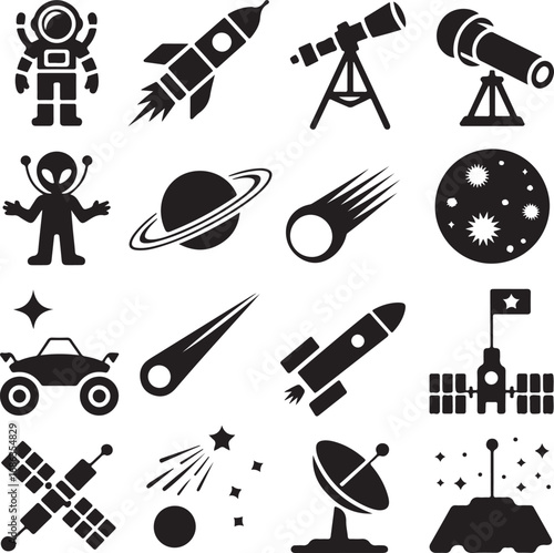 Space exploration and astronomy icons astronaut rocket telescope alien planet Keywords