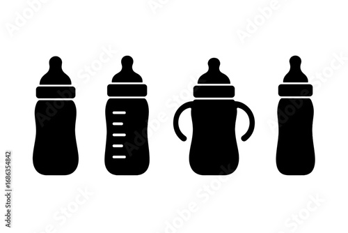 Vector set of baby bottle silhouettes. Minimalist icons for infant nutrition, newborn care, and feeding. Includes sippy cup and milk bottle with measurements. Childcare graphic.
