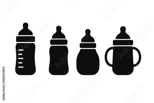 Baby bottle silhouette icon set. Newborn feeding vector collection. Infant milk, toddler formula bottle. Childcare symbol. Minimalist sippy cup design for baby shower.
