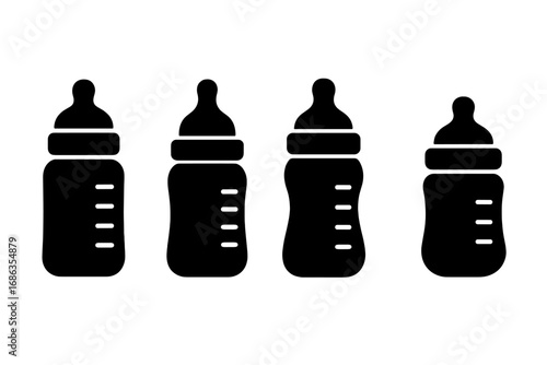 Baby bottle silhouette icon set. Vector collection for infant feeding and newborn care. Minimalist symbols for milk, formula, nutrition, parenthood, and childcare concepts.