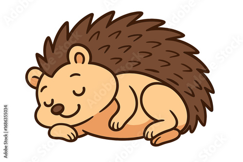Cute cartoon hedgehog sleeping peacefully. Adorable forest animal character resting. Simple vector illustration for kids. Woodland creature mascot isolated on white background.