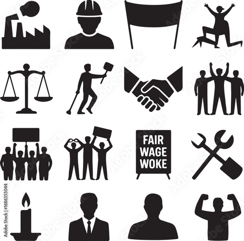 Labor protest and social justice icons factory worker protestor banner scales Keywords: labor