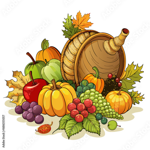 Illustration of a bountiful cornucopia filled with autumn harvest fruits and vegetables