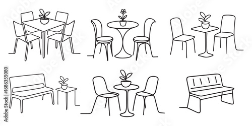 Chairs and Table in Continuous line art drawing. Black Linear Sketch of Classic Style Dining Room Furniture Isolated on White Background. Editable stroke. Vector Modern illustration, 
