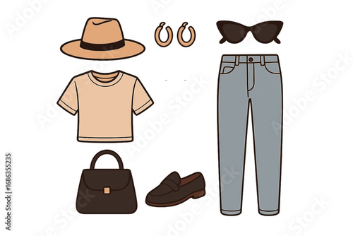 Women's fashion outfit set. Casual clothing and accessories collection for a trendy look. Vector illustration of jeans, t-shirt, hat, bag, shoes. Capsule wardrobe concept.
