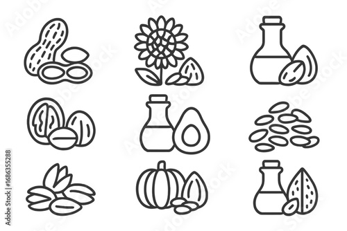 Healthy food line icon set with nuts, seeds, and oils. Vector linear pictogram collection of peanut, sunflower, almond, walnut, avocado, pumpkin. Healthy eating and nutrition.