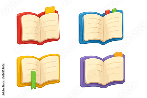 Set of colorful 3D open book icons. Vector cartoon illustration for education, reading, and learning. Knowledge and library symbol. Notebook or diary with bookmark for app or web design.