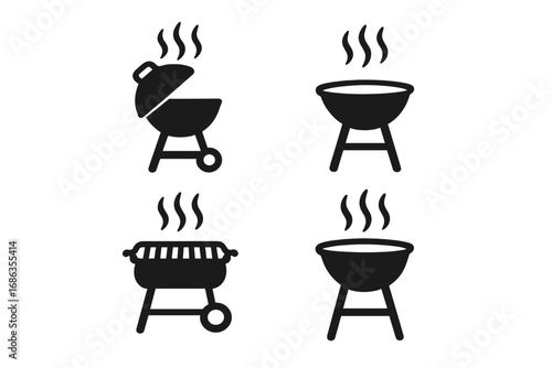Barbecue grill icons set. BBQ collection in simple black silhouette style. Vector illustration of charcoal, kettle grills with smoke or steam. Outdoor cooking, picnic concept.