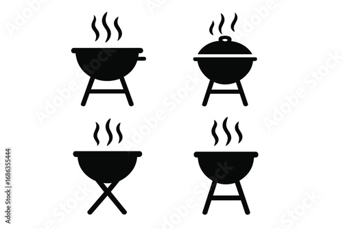 Set of simple barbecue grill icons. BBQ collection in black silhouette style. Vector illustration for picnic, outdoor cooking and summer party. Hot charcoal grill with smoke or steam.