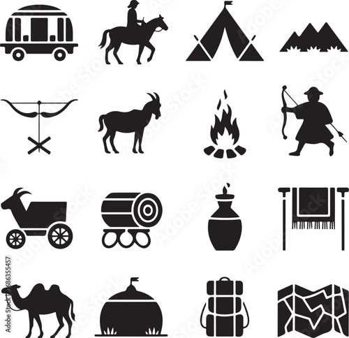 Nomadic life and travel icons caravan horse tent mountains bow Keywords: nomadic, travel