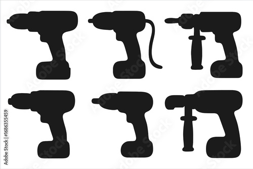 Set of six drill silhouettes. Power tool collection for construction, industrial and DIY themes. Vector icons of electric, cordless and hammer drills for repair or carpentry work.