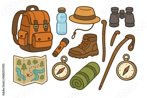 Essential outdoor gear for hiking, camping, and trekking adventures. Vector cartoon illustration of equipment like backpack, map, compass, boots for survival exploration.