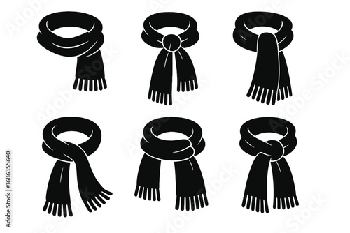 Set of winter scarf silhouettes. Collection of fashion neckwear icons. Vector illustration of warm clothing accessories. Black and white graphic design elements on white background.