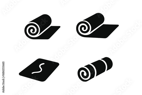Yoga mat icon set. Rolled and unrolled fitness carpet. Vector glyph silhouette for pilates, exercise, and workout. Sport equipment symbol collection for gym and studio.