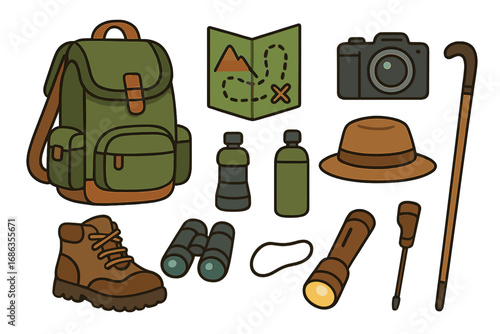 Hiking and camping equipment set for outdoor adventure and travel. Vector icon collection with backpack, map, camera, boots, flashlight, binoculars for trekking and exploration.