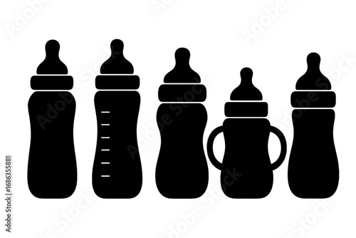 Baby bottle silhouette icon set. Vector collection of various shapes for infant feeding. Newborn care concept. Milk, formula container. Baby shower design element. Parenting.